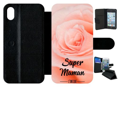 Etui A Rabat - Super Maman L Unique Fond Fleur Rose - Compatible Avec Apple Iphone Xr - Simili-Cuir - Bord Noir