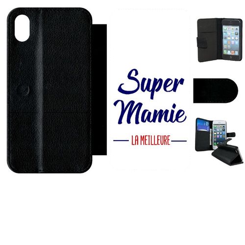 Etui A Rabat - Super Mamie La Meilleure Fond Blanc - Compatible Avec Apple Iphone Xr - Simili-Cuir - Bord Noir