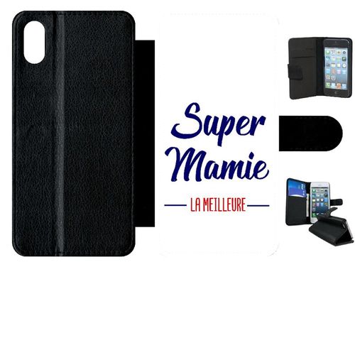 Etui A Rabat - Super Mamie La Meilleure Fond Blanc - Compatible Avec Apple Iphone Xs Max - Simili-Cuir - Bord Noir