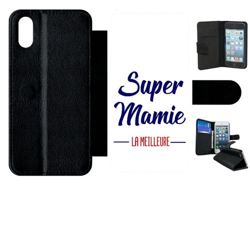 Etui A Rabat - Super Mamie La Meilleure Fond Blanc - Compatible Avec Apple Iphone Xs - Simili-Cuir - Bord Noir