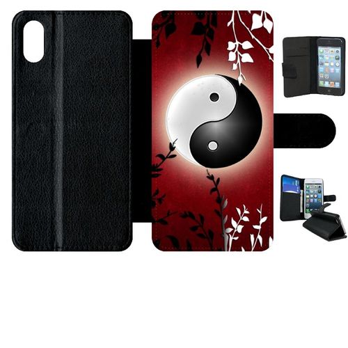 Etui A Rabat - Ying Yang Rouge - Compatible Avec Apple Iphone Xs Max - Simili-Cuir - Bord Noir