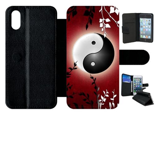 Etui A Rabat - Ying Yang Rouge - Compatible Avec Apple Iphone Xs - Plastique - Bord Noir
