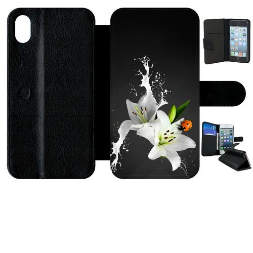 Etui A Rabat - Lys Blanc Coccinelle Sur Fond Gris - Compatible Avec Apple Iphone Xr - Simili-Cuir - Bord Noir