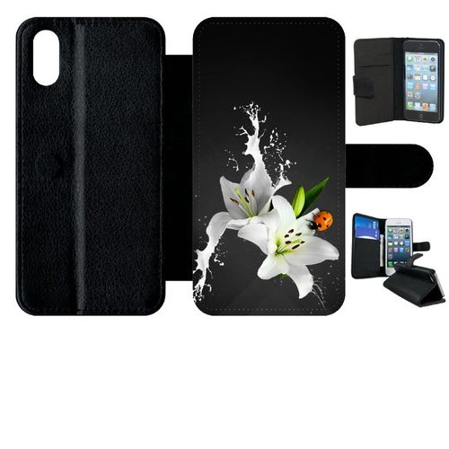 Etui A Rabat - Lys Blanc Coccinelle Sur Fond Gris - Compatible Avec Apple Iphone Xs - Plastique - Bord Noir