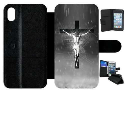 Etui A Rabat - Jésus Croix Noir Et Blanc - Compatible Avec Apple Iphone Xr - Simili-Cuir - Bord Noir