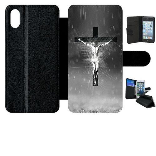 Etui A Rabat - Jésus Croix Noir Et Blanc - Compatible Avec Apple Iphone Xs Max - Simili-Cuir - Bord Noir