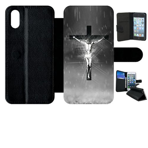 Etui A Rabat - Jésus Croix Noir Et Blanc - Compatible Avec Apple Iphone Xs - Plastique - Bord Noir