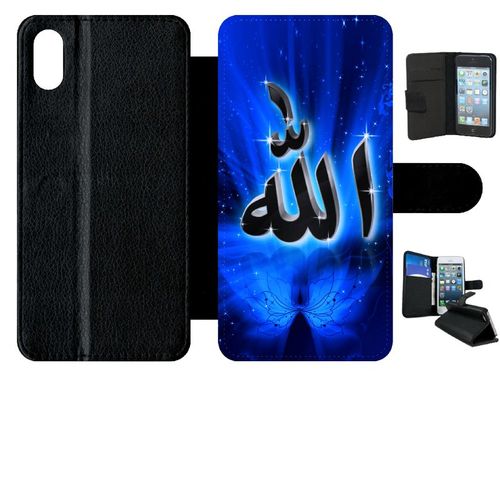 Etui A Rabat - Allah Religion Bleu Nuit - Compatible Avec Apple Iphone Xs Max - Simili-Cuir - Bord Noir