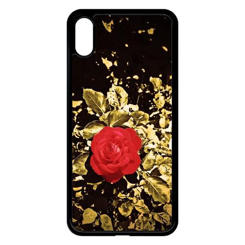 Coque Pour Smartphone - Rose Et Feuille D'or - Compatible Avec Apple Iphone Xs Max - Plastique - Bord Noir