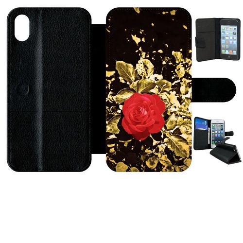 Etui A Rabat - Rose Et Feuille D'or - Compatible Avec Apple Iphone Xr - Simili-Cuir - Bord Noir