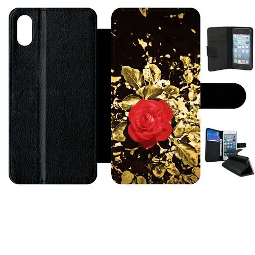 Etui A Rabat - Rose Et Feuille D'or - Compatible Avec Apple Iphone Xs Max - Simili-Cuir - Bord Noir
