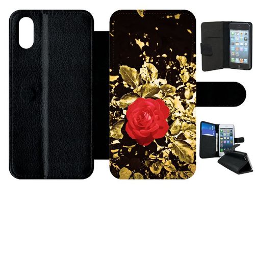 Etui A Rabat - Rose Et Feuille D'or - Compatible Avec Apple Iphone Xs - Plastique - Bord Noir