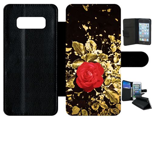 Etui A Rabat - Rose Et Feuille D'or - Compatible Avec Samsung Galaxy Note 8.0 - Simili-Cuir - Bord Noir