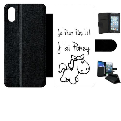 Etui A Rabat - Citation Poney Blanc - Compatible Avec Apple Iphone Xs Max - Simili-Cuir - Bord Noir