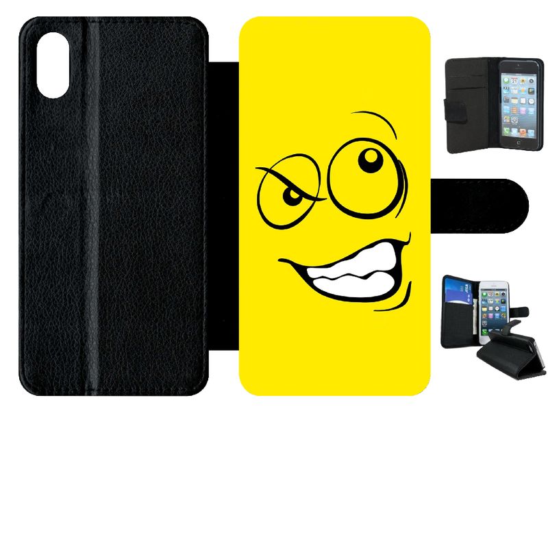 Etui A Rabat - Smiley Énervé Jaune - Compatible Avec Apple Iphone Xs Max - Simili-Cuir - Bord Noir