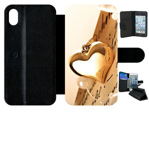 Etui A Rabat - Coeur D'or Sur Livre - Compatible Avec Apple Iphone Xr - Simili-Cuir - Bord Noir