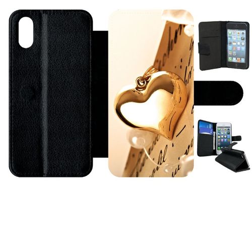 Etui A Rabat - Coeur D'or Sur Livre - Compatible Avec Apple Iphone Xs - Plastique - Bord Noir