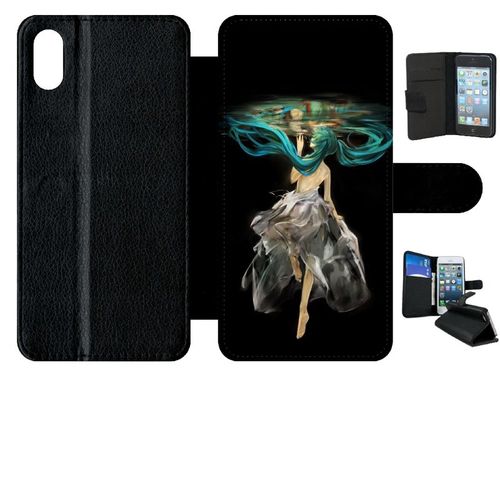 Etui A Rabat - Manga Fille Cheveux Bleu - Compatible Avec Apple Iphone Xs Max - Simili-Cuir - Bord Noir