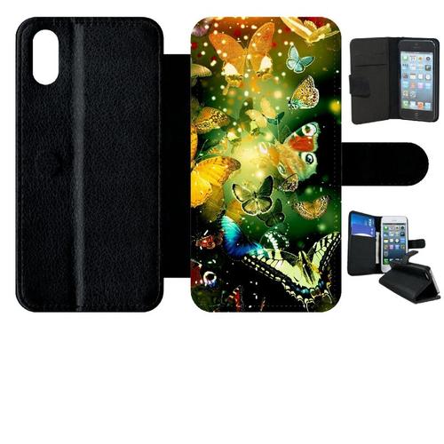 Etui A Rabat - Papillons D'automne Fond Vert - Compatible Avec Apple Iphone Xs - Plastique - Bord Noir