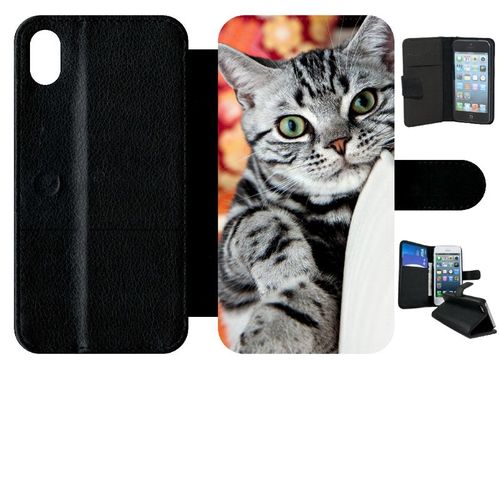 Etui A Rabat - Chat Tigré Gris Yeux Vert - Compatible Avec Apple Iphone Xr - Simili-Cuir - Bord Noir