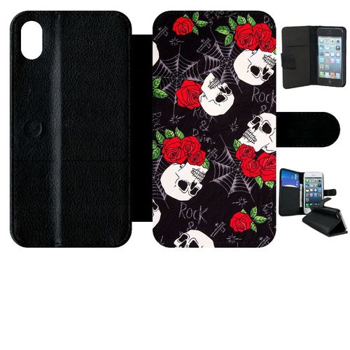 Etui A Rabat - Tete De Mort Toile Rose Rock - Compatible Avec Apple Iphone Xr - Simili-Cuir - Bord Noir