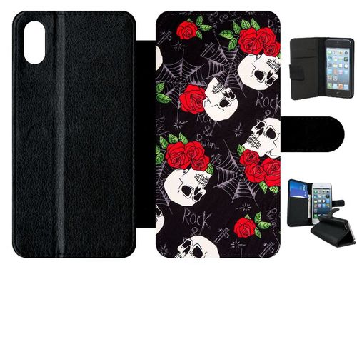 Etui A Rabat - Tete De Mort Toile Rose Rock - Compatible Avec Apple Iphone Xs Max - Simili-Cuir - Bord Noir
