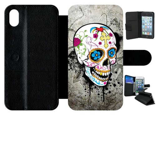 Etui A Rabat - Skull Fleur Bleu Fond Gris - Compatible Avec Apple Iphone Xr - Simili-Cuir - Bord Noir