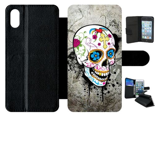Etui A Rabat - Skull Fleur Bleu Fond Gris - Compatible Avec Apple Iphone Xs Max - Simili-Cuir - Bord Noir