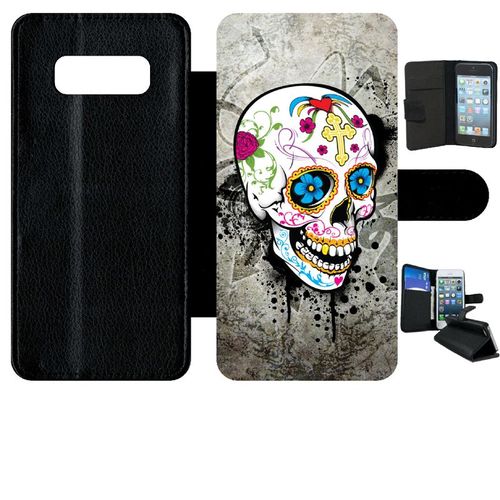 Etui A Rabat - Skull Fleur Bleu Fond Gris - Compatible Avec Samsung Galaxy Note 8.0 - Simili-Cuir - Bord Noir