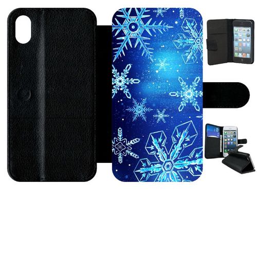 Etui A Rabat - Flocon De Neige Fond Bleu Nuit - Compatible Avec Apple Iphone Xr - Simili-Cuir - Bord Noir