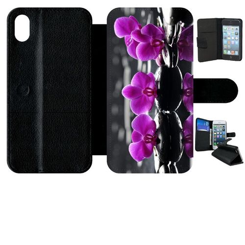Etui A Rabat - Orchide Violette Fond Gris - Compatible Avec Apple Iphone Xr - Simili-Cuir - Bord Noir