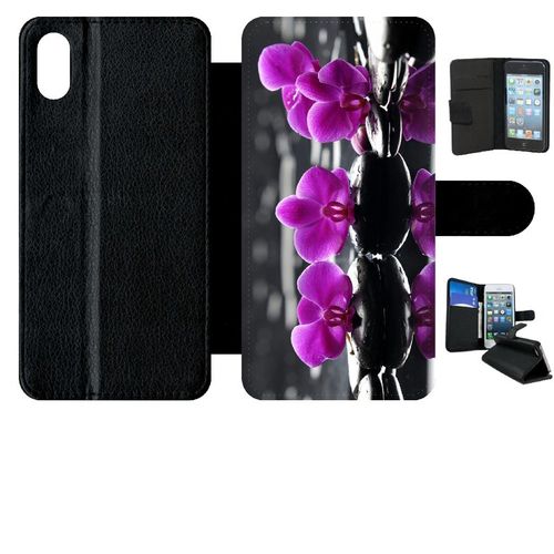 Etui A Rabat - Orchide Violette Fond Gris - Compatible Avec Apple Iphone Xs Max - Simili-Cuir - Bord Noir