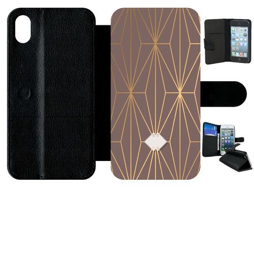 Etui A Rabat - Losange Geometrique Beige Et Or - Compatible Avec Apple Iphone Xr - Simili-Cuir - Bord Noir