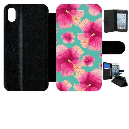 Etui A Rabat - Hibiscus Fond Turquoise - Compatible Avec Apple Iphone Xr - Simili-Cuir - Bord Noir