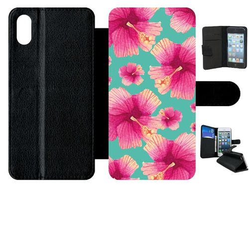 Etui A Rabat - Hibiscus Fond Turquoise - Compatible Avec Apple Iphone Xs Max - Simili-Cuir - Bord Noir