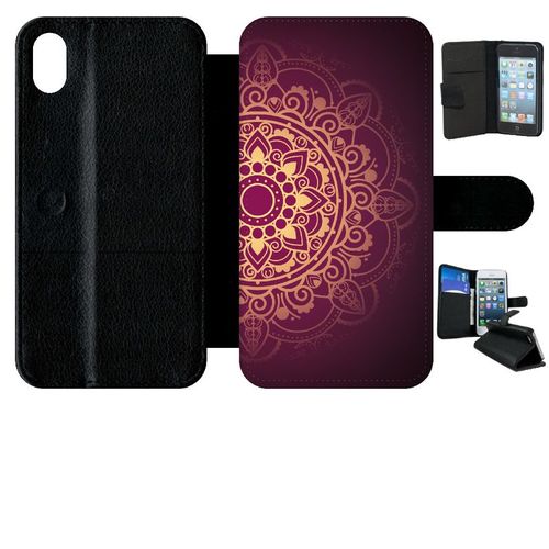 Etui A Rabat - Oriental Fond Mauve Et Or - Compatible Avec Apple Iphone Xr - Simili-Cuir - Bord Noir