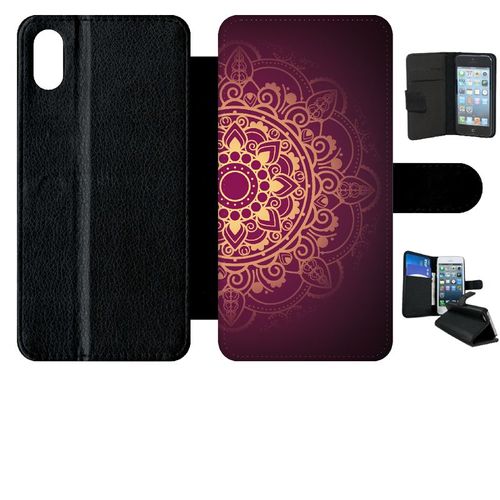 Etui A Rabat - Oriental Fond Mauve Et Or - Compatible Avec Apple Iphone Xs Max - Simili-Cuir - Bord Noir