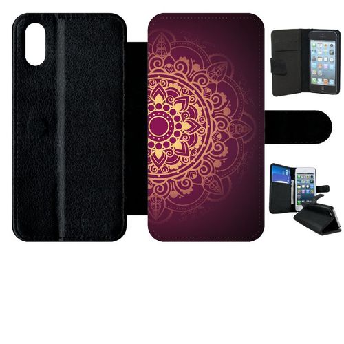 Etui A Rabat - Oriental Fond Mauve Et Or - Compatible Avec Apple Iphone Xs - Plastique - Bord Noir