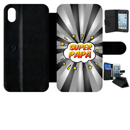 Etui A Rabat - Super Papa Fond Graphique Gris - Compatible Avec Apple Iphone Xr - Simili-Cuir - Bord Noir