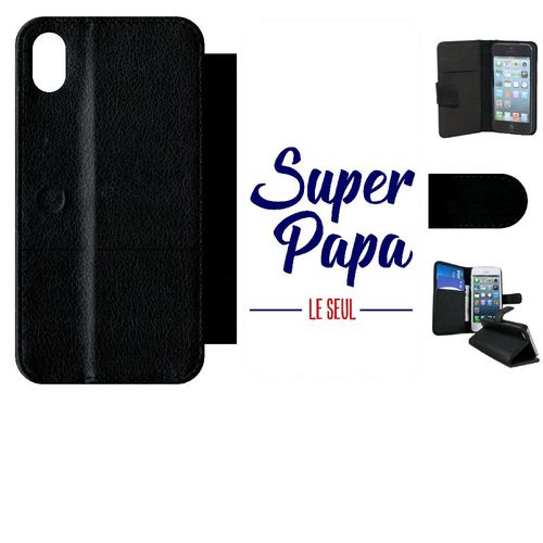 Etui A Rabat - Super Papa Le Seul Fond Blanc - Compatible Avec Apple Iphone Xr - Simili-Cuir - Bord Noir