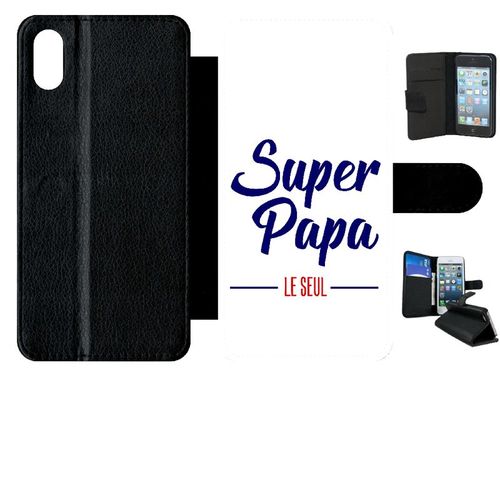 Etui A Rabat - Super Papa Le Seul Fond Blanc - Compatible Avec Apple Iphone Xs Max - Simili-Cuir - Bord Noir