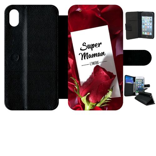 Etui A Rabat - Super Maman L Unique Fond Rose Rouge - Compatible Avec Apple Iphone Xr - Simili-Cuir - Bord Noir