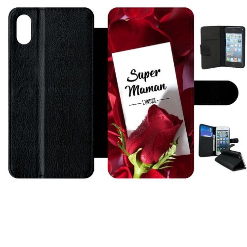 Etui A Rabat - Super Maman L Unique Fond Rose Rouge - Compatible Avec Apple Iphone Xs Max - Simili-Cuir - Bord Noir