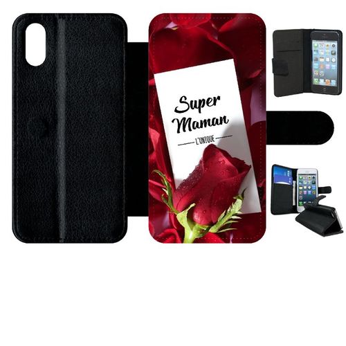 Etui A Rabat - Super Maman L Unique Fond Rose Rouge - Compatible Avec Apple Iphone Xs - Plastique - Bord Noir