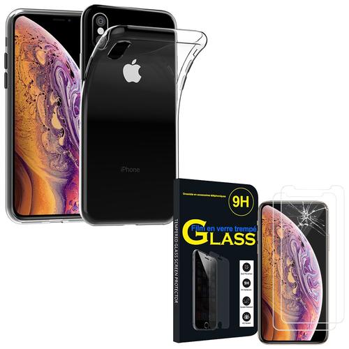 Pour Apple Iphone Xs Max (2018) 6.5": Coque Silicone Gel Ultraslim - Transparent + 2 Films Verre Trempé