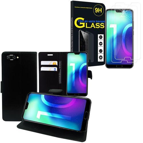 Etui Portefeuille Pour Huawei Honor 10/ Honor 10 Gt 5.84" Support Video Cuir Pu - Noir + 2 Films Verre Trempé