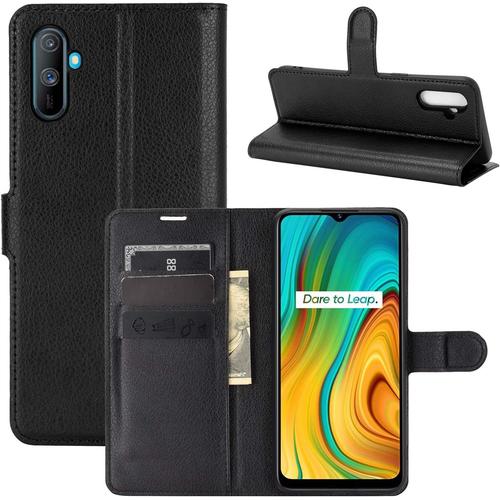 Coque Pour Realme C3, Stand Pour Téléphone Portable/Avec Emplacements Pour Cartes De Crédit/Couvercle De Fermeture Magnétique,Pour Realme C3 Housse Noir