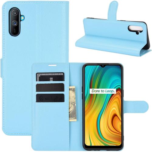 Coque Pour Realme C3, Stand Pour Téléphone Portable/Avec Emplacements Pour Cartes De Crédit/Couvercle De Fermeture Magnétique,Pour Realme C3 Housse Bleu