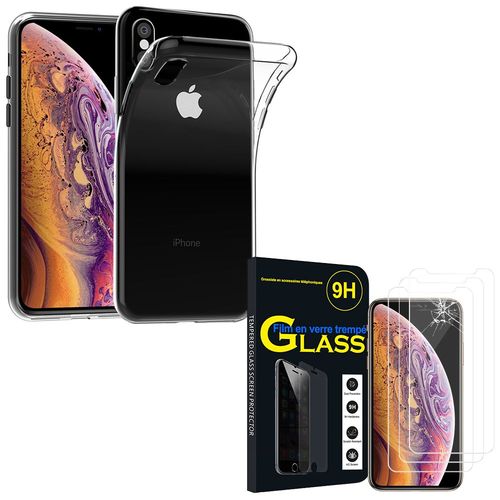 Pour Apple Iphone Xs Max (2018) 6.5": Coque Silicone Gel Ultraslim - Transparent + 3 Films Verre Trempé