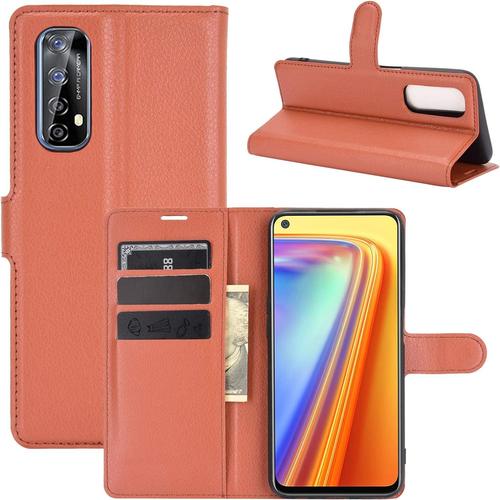 Coque Pour Realme 7, Stand Pour Téléphone Portable/Avec Emplacements Pour Cartes De Crédit/Couvercle De Fermeture Magnétique,Pour Realme 7 Housse Marron